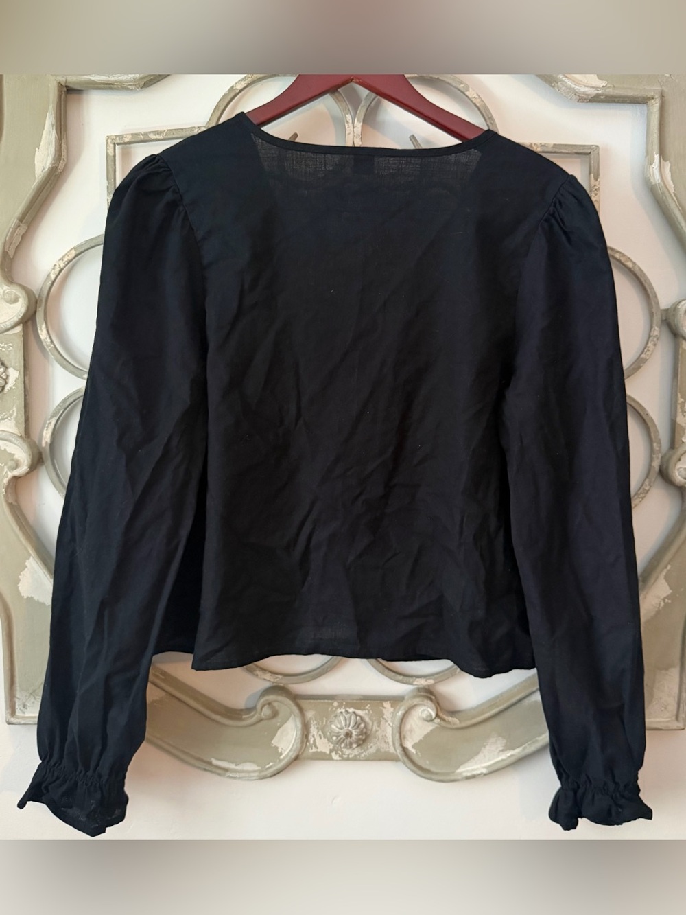 Black Embroidered Tie-Front Peasant Top Size Large - Picture 3 of 6